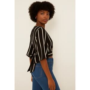 Boutique Striped Crop Top Blouse Black White Tie Front Bell Sleeve Zip Back Sm